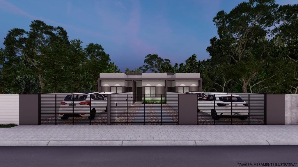 Fachada com portão do geminado compacto de 42m² no Itinga, Joinville